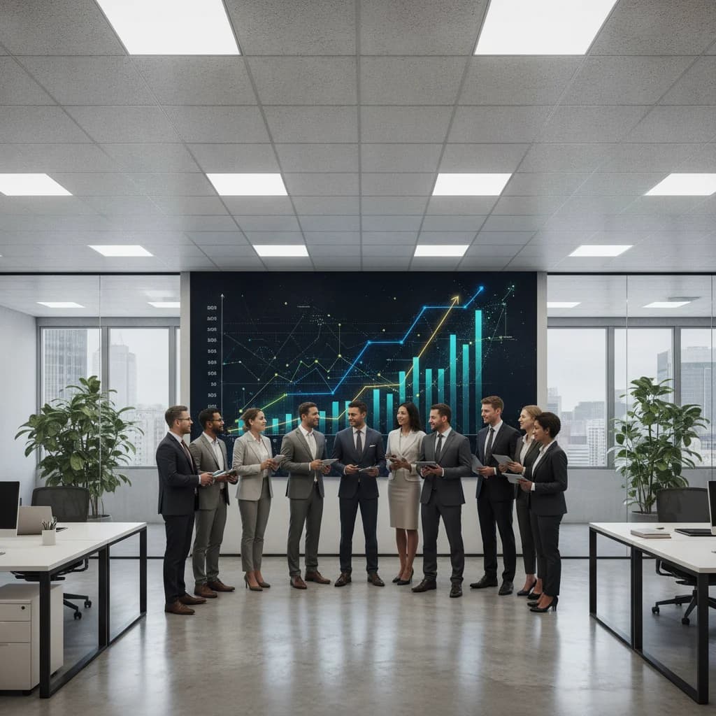 A diverse group of legal professionals (lawyers, paralegals) in a modern, collaborative office setting, looking at a large digital display showing upward-trending graphs and data visualizations. The atmosphere is professional and innovative, suggesting growth and success. No text overlays, no gavels, no competitors, bright lighting.