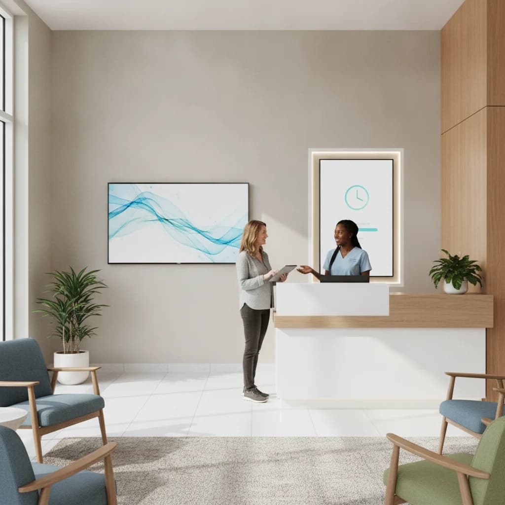 A professional, clean, modern urgent care clinic reception area. The scene features a friendly, diverse staff member assisting a patient at a sleek, minimalist counter. Digital screens in the background display clear, easy-to-read information about patient wait times and services, emphasizing efficiency and calm. The lighting is bright and inviting, showcasing a welcoming atmosphere. No text on screens or walls. No low-lighting. No chaotic emergency room scenes. No competitors' logos.