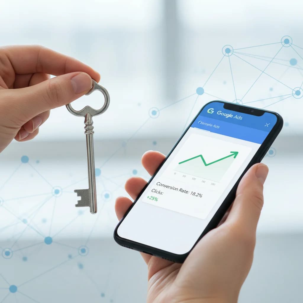 A professional, clean image depicting a locksmith's hand holding a key and a smartphone displaying a Google Ads interface with positive performance metrics (upward trend arrows, high conversion rates). The background is a subtle, modern digital interface. No text, no competitors, bright, clear lighting.