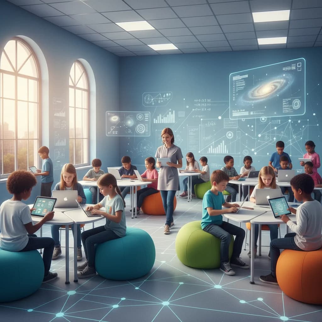 A modern, vibrant digital classroom setting with diverse students actively engaging with educational content on sleek tablets and laptops. The background features subtle, abstract digital growth charts and connectivity lines. The scene is bright, optimistic, and technologically advanced, with no text overlays, no competitors, no low-lighting, and no outdated classrooms.