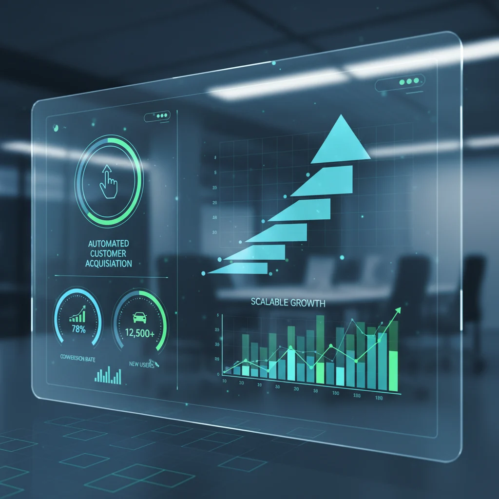 A sleek, modern digital dashboard displaying analytics and conversion rates for an auto detailing business website, with a focus on scalable growth and automated customer acquisition. The image should be vibrant and professional, with no text.