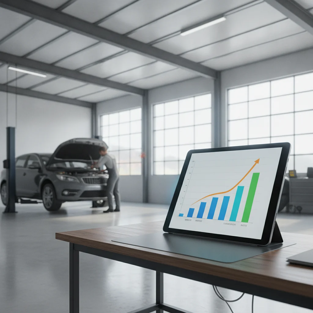 A tire repair shop with a clean, modern interior. A mechanic is visible in the background working on a vehicle. In the foreground, a tablet or computer screen displays a clear, vibrant graph showing increasing website traffic and conversion rates, symbolizing digital growth. The image is brightly lit, professional, and contains no text or competitor branding.