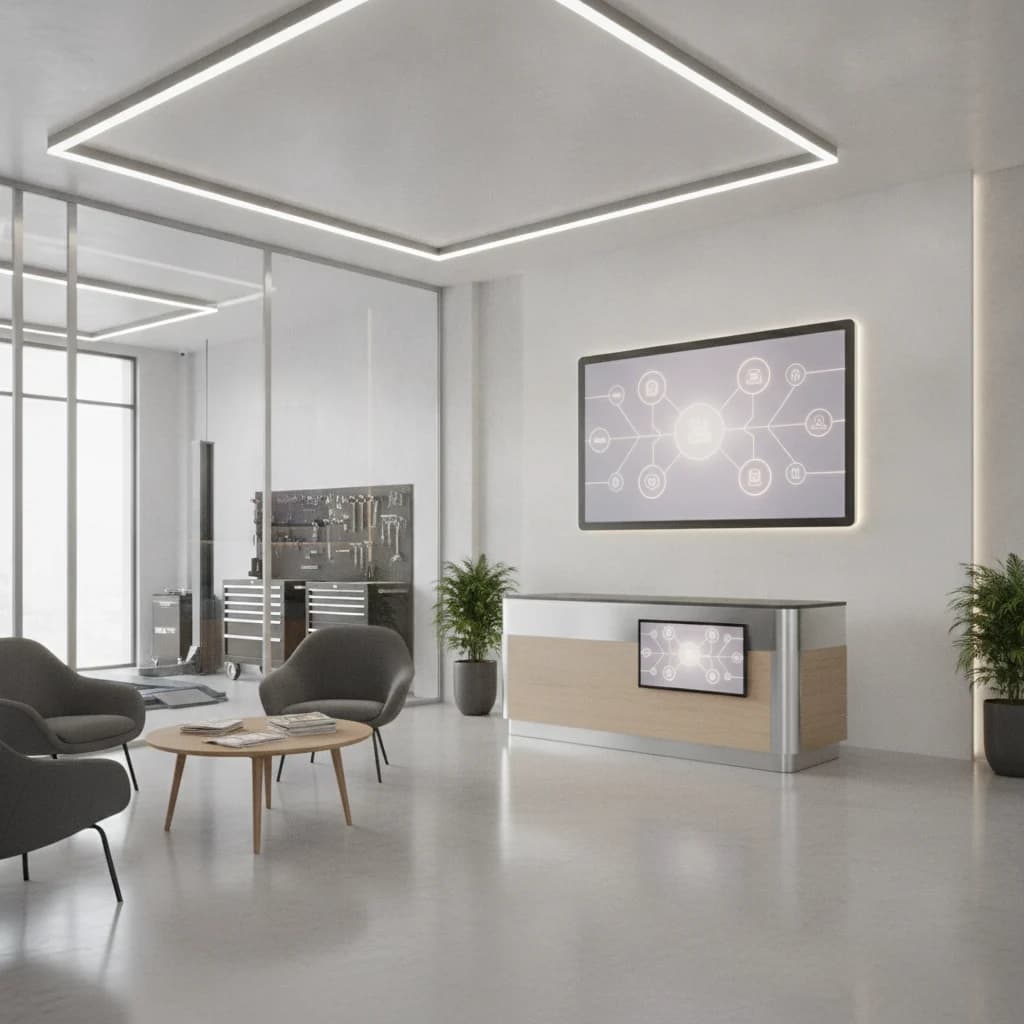 A professional, modern tire repair shop interior with a clean, well-lit customer waiting area. A digital tablet or monitor displays an online booking system or a service menu, subtly indicating digital services. The overall scene is bright, organized, and inviting, with no text on screens or walls, and no visible competitor logos. Focus on the seamless integration of digital tools in a physical service environment.