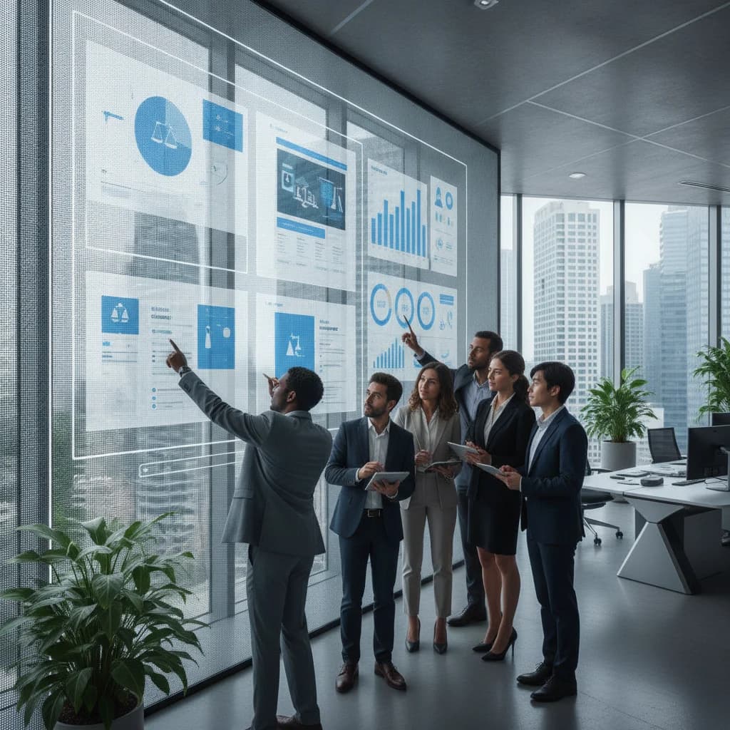 A diverse group of legal professionals collaborating in a modern, tech-forward office, looking at a large screen displaying web design mockups and analytics data. The image should convey growth and strategic planning. No gavels, no text, no competitors, bright lighting.