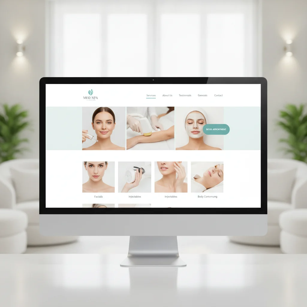 A professional, modern med spa website design displayed on a desktop computer, showcasing clear navigation, appealing treatment photos, and a prominent call-to-action button, with a blurred background of a serene med spa interior. Bright and clean aesthetic, no text on screen, no competitor logos, no low-lighting, no exaggerated faces.
