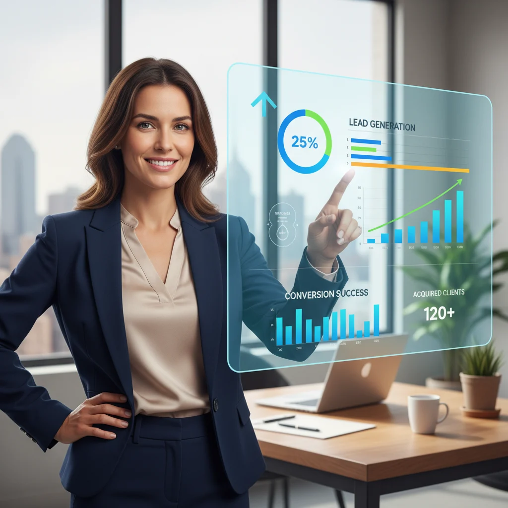 A legal professional, such as a bankruptcy lawyer, looking confidently at a modern digital dashboard displaying positive Google Ads performance metrics, with clear charts and graphs indicating lead generation and conversion success. The setting is a professional, well-lit office, no text on screen, no identifiable branding of competitors, focus on positive results and technology, vibrant and professional.