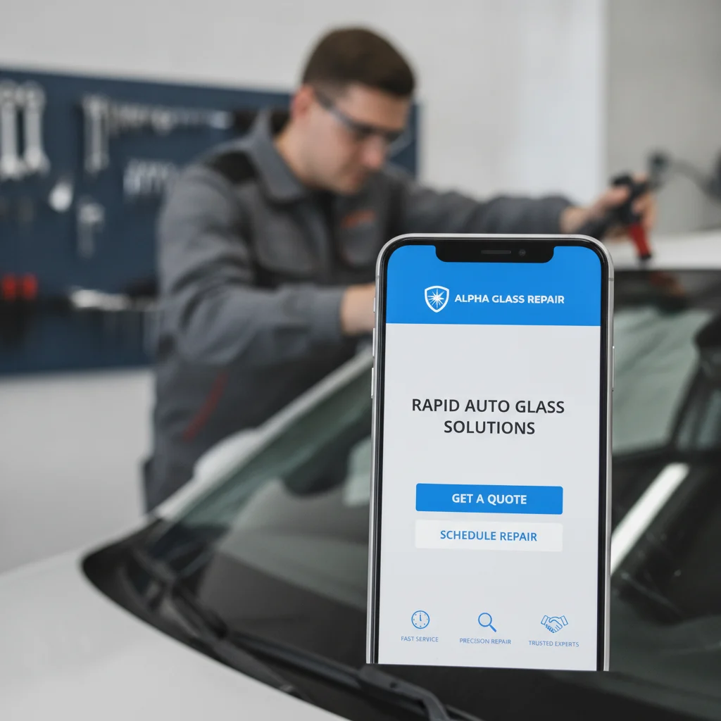 A sleek, modern smartphone displaying a high-performance auto windshield repair website, with a blurred background showing a professional technician working on a car windshield. The website design is clean, user-friendly, and features clear calls-to-action for immediate service requests like "Get a Quote" or "Schedule Repair". The overall image conveys efficiency, technology, and customer trust. No text in image, no competitors, no low-lighting, no broken glass.