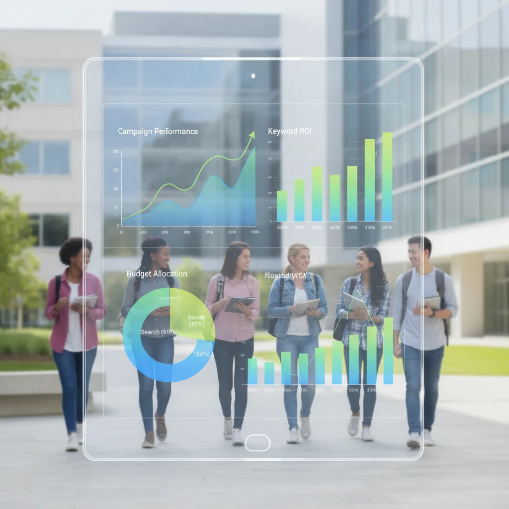 A high-angle, bright, and modern digital interface displaying Google Ads analytics with charts and graphs, overlaid with subtle imagery of a diverse group of students engaged in learning on a contemporary campus. The focus is on digital performance and educational success. No text overlays, no text in image, no competitors, no low-lighting, no outdated classrooms.