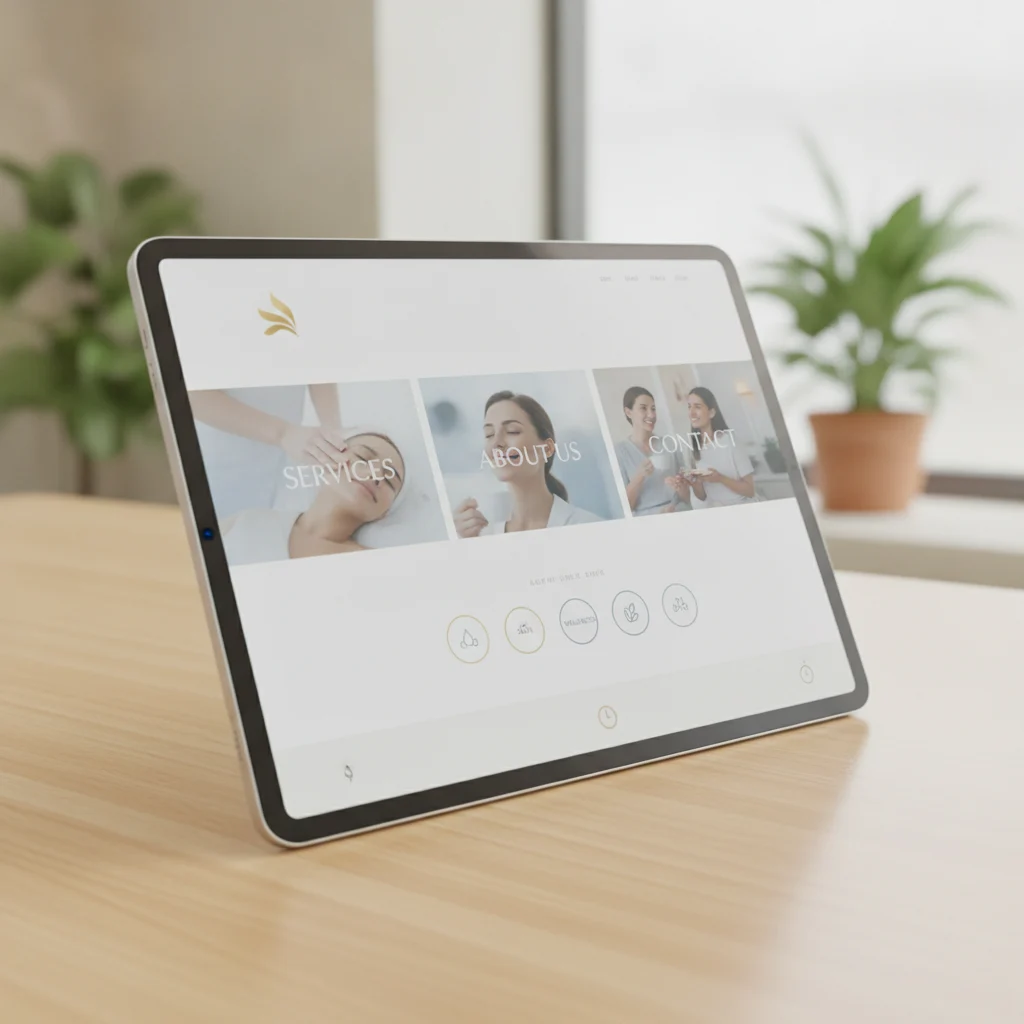 A modern, minimalist med spa website design mockup displayed on a sleek tablet, with elegant typography and subtle, inviting imagery of spa treatments and happy clients. The overall aesthetic is clean, professional, and high-tech, emphasizing a seamless user experience. No text in the image, no competitors, no low-lighting, no exaggerated faces.