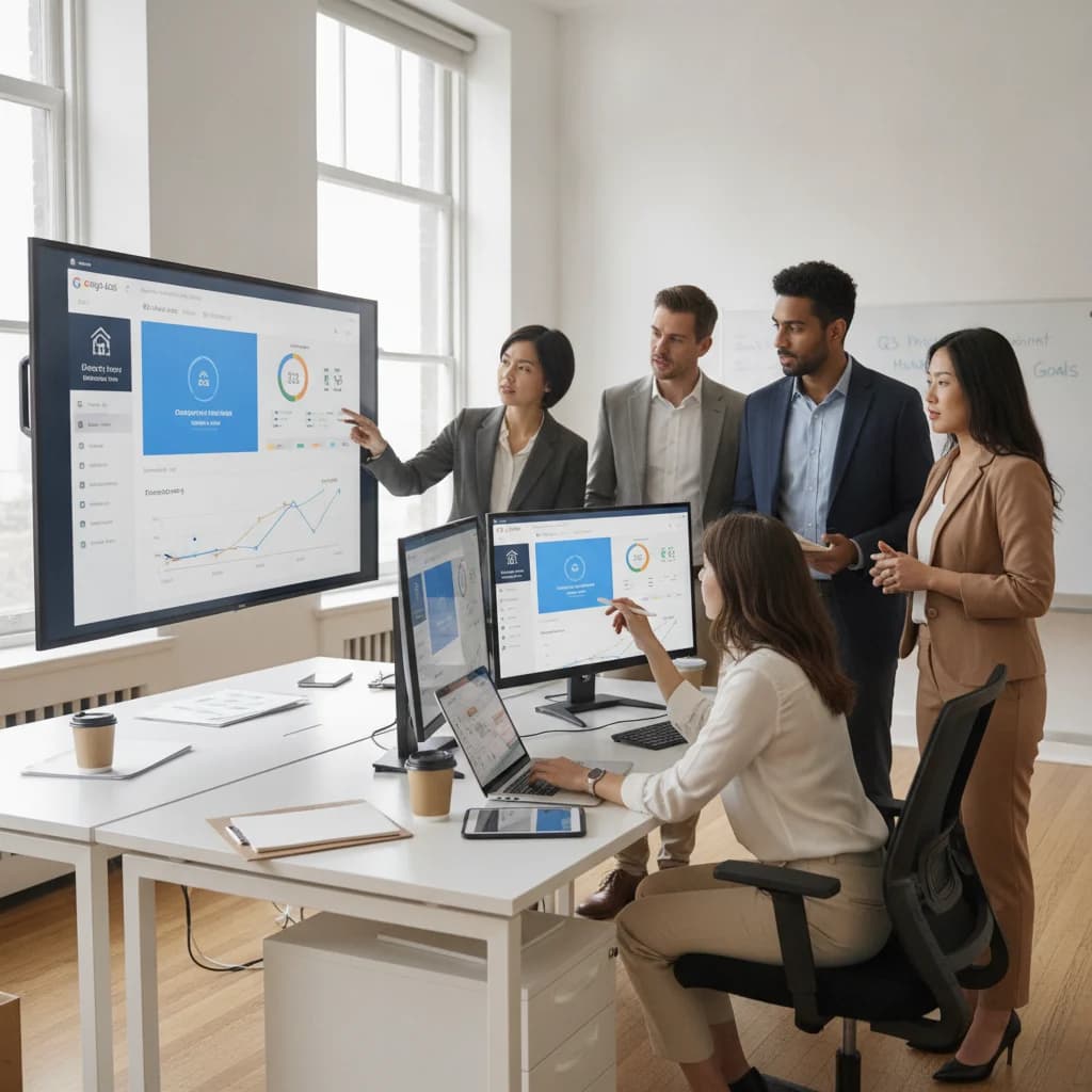 A diverse team of digital marketing specialists collaborating in a modern, bright office environment, analyzing data on multiple screens. The focus is on teamwork and strategic planning for property management Google Ads campaigns. No text overlays, no competitors, clear, vibrant colors.