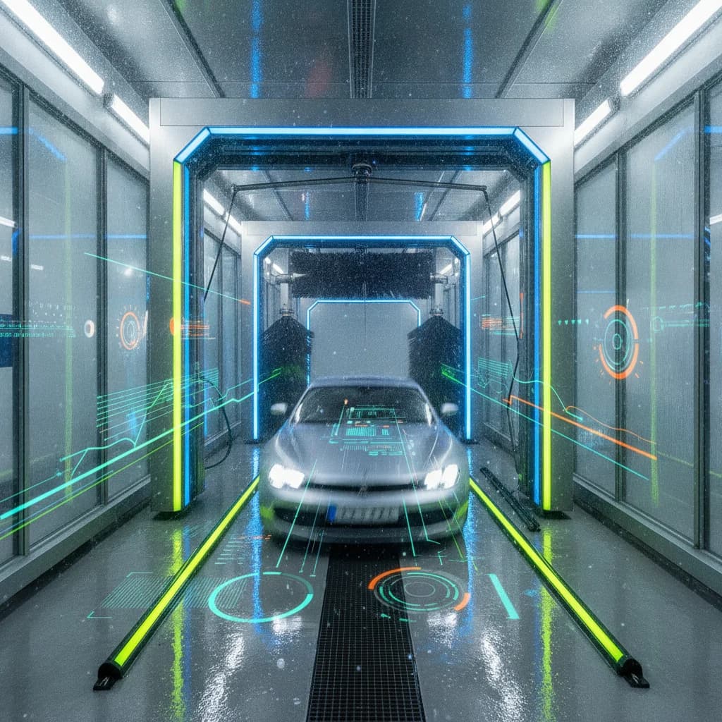 Vibrant, high-angle shot of a modern, sleek car wash tunnel, sparkling clean, with abstract, glowing digital interface elements subtly overlaid on the scene, indicating data flow and user engagement. The focus is on cleanliness, efficiency, and advanced technology. No text, no logos, bright lighting.