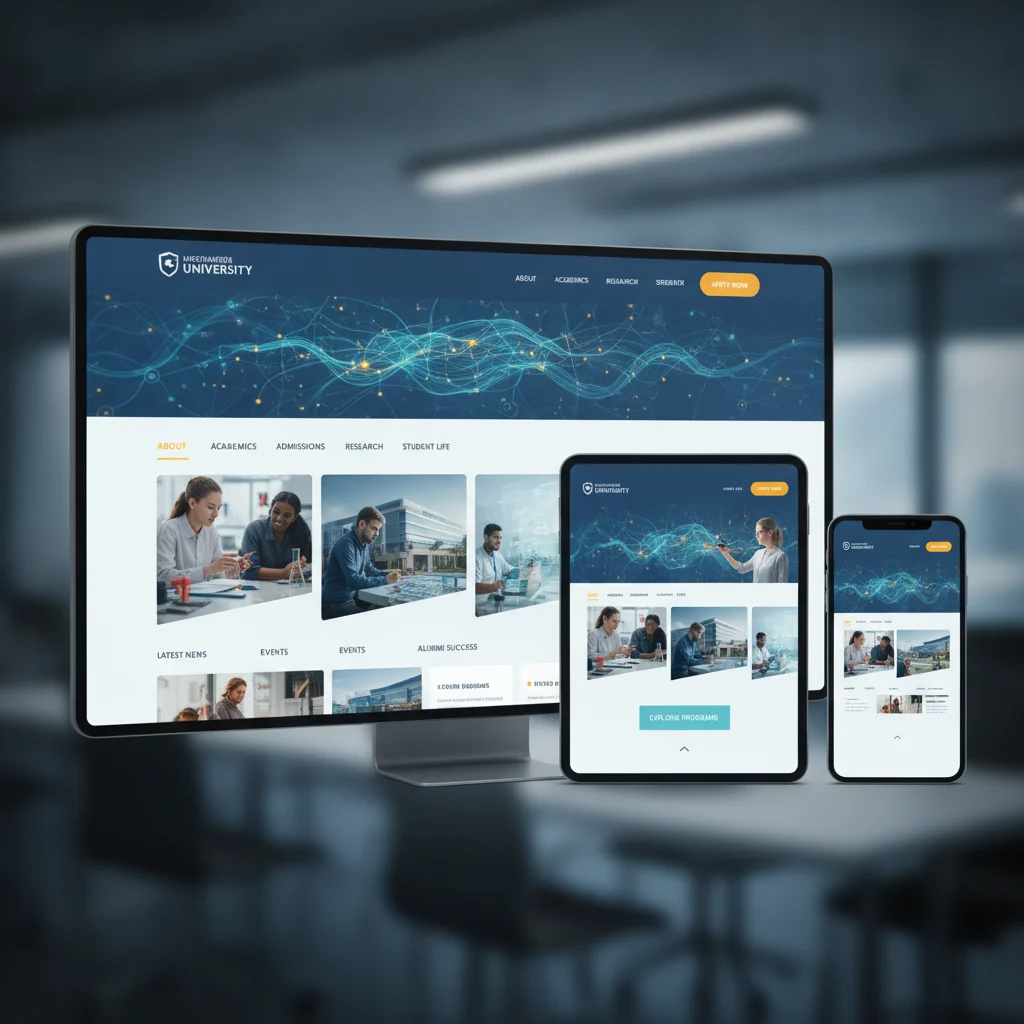 A modern, clean, and dynamic website interface designed for an educational institution, featuring clear navigation, engaging visuals, and a prominent call-to-action. The image should convey professionalism, innovation, and ease of use, with no text overlays or outdated elements. Focus on a digital screen displaying a responsive design for a school or university website.