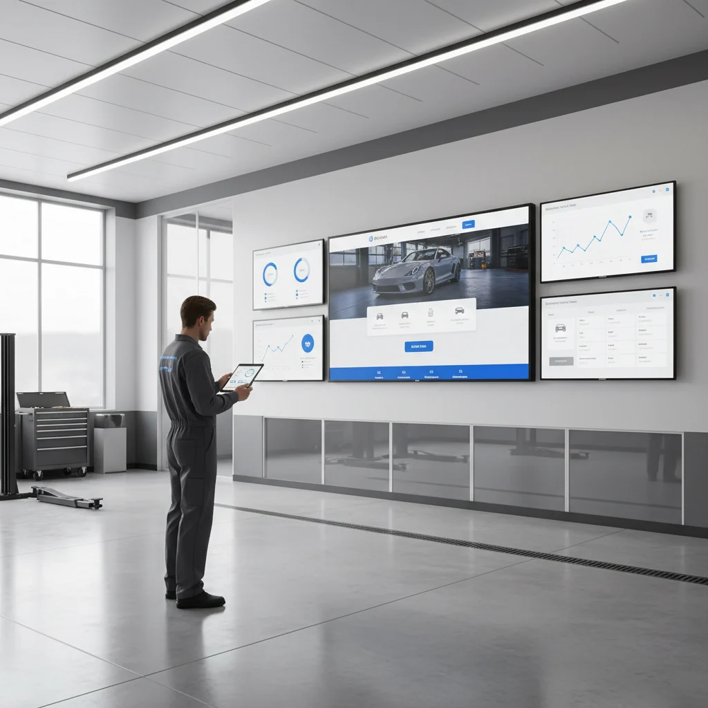 A modern, clean auto repair shop interior with sleek, digital screens displaying website analytics and customer booking interfaces. A mechanic is seen interacting with a tablet, while a well-designed, high-performance website is subtly visible on a larger screen in the background. Bright, professional lighting, no text, no competitors, no low-lighting, no dirty environments.