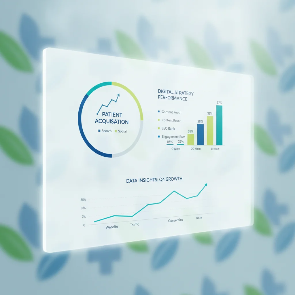 A bright, modern, and clean digital marketing dashboard displaying analytics and growth charts, with a subtle, abstract representation of a medical cross or a healthy leaf in the background. Focus on digital strategy, data, and patient acquisition in a healthcare context. No text, no competitors, no low-lighting, no emergency room chaos. Professional and optimistic.