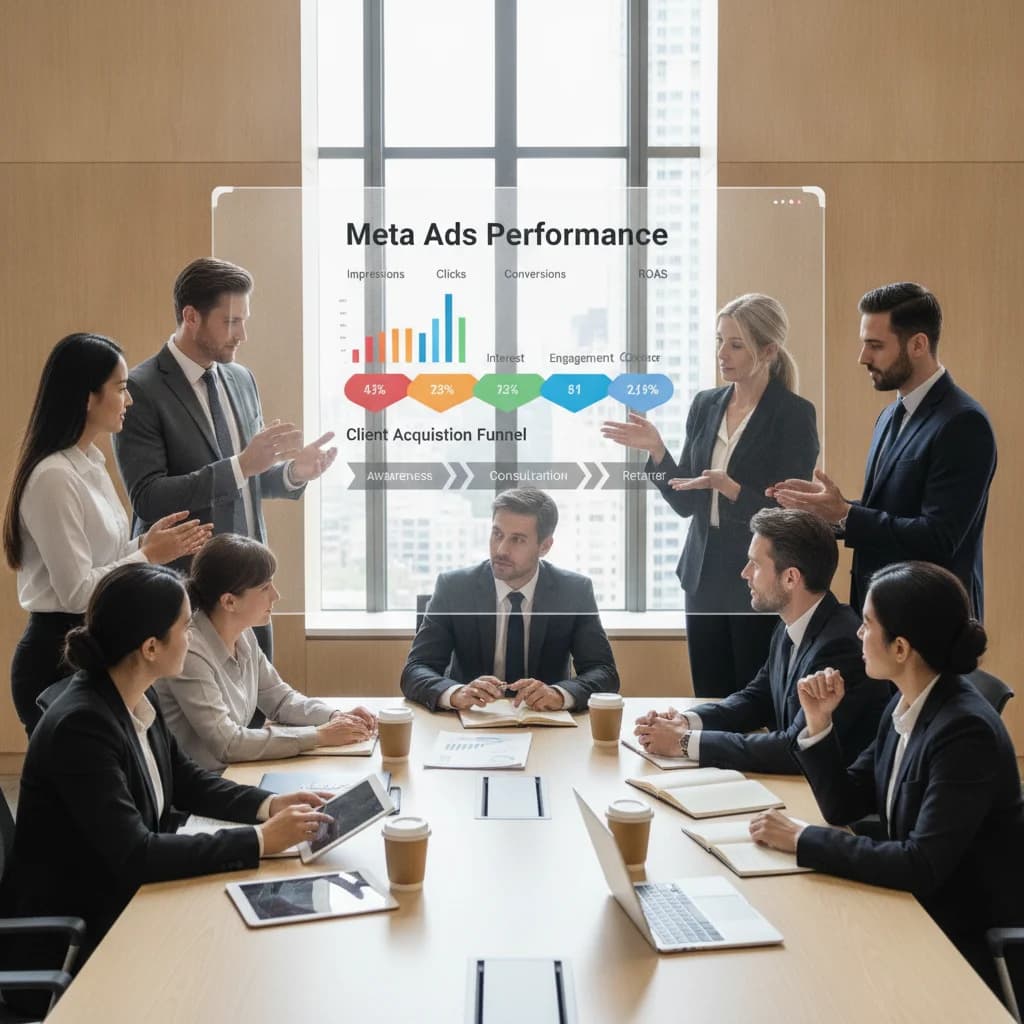 A diverse group of legal professionals (attorneys, paralegals) collaborating around a large digital display showing Meta Ads performance metrics and a client acquisition funnel. The scene is modern, brightly lit, and professional, conveying strategic planning and digital success. No text overlays, no competitors, no gavels.