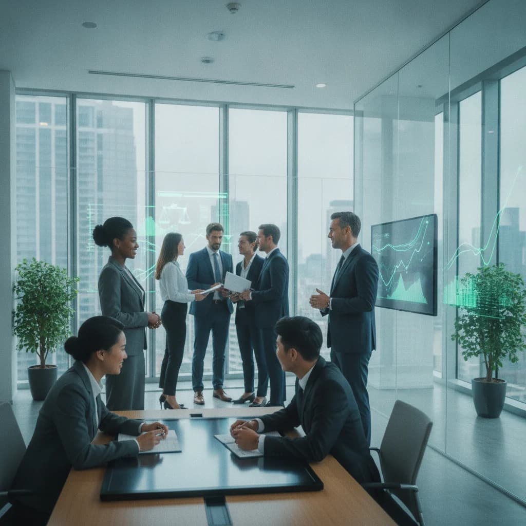 A diverse group of legal professionals or clients interacting in a modern, well-lit office setting, with subtle digital elements representing SEO analytics in the background. The image conveys professionalism, growth, and trust. No text overlays, no text in image, no competitors, no low-lighting.