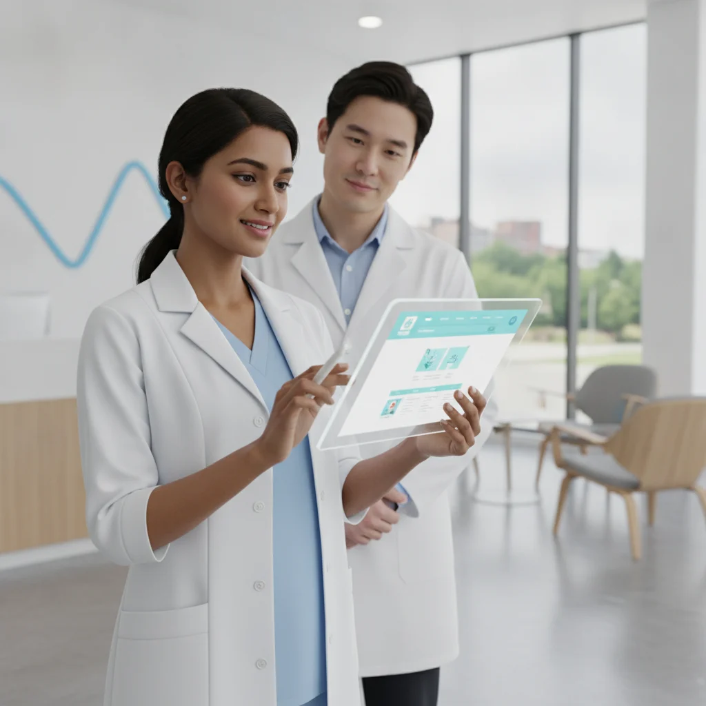 A professional, modern, and clean image depicting a healthcare professional (doctor or nurse, diverse representation) looking at a sleek tablet or monitor displaying a well-designed, user-friendly medical website interface. The background should be a bright, contemporary clinic or office setting, conveying trust and efficiency. Focus on digital connectivity and patient care, without showing any text, competitors, low-lighting, cartoonish needles, or emergency room chaos. Emphasize a calm, innovative, and patient-focused digital experience.