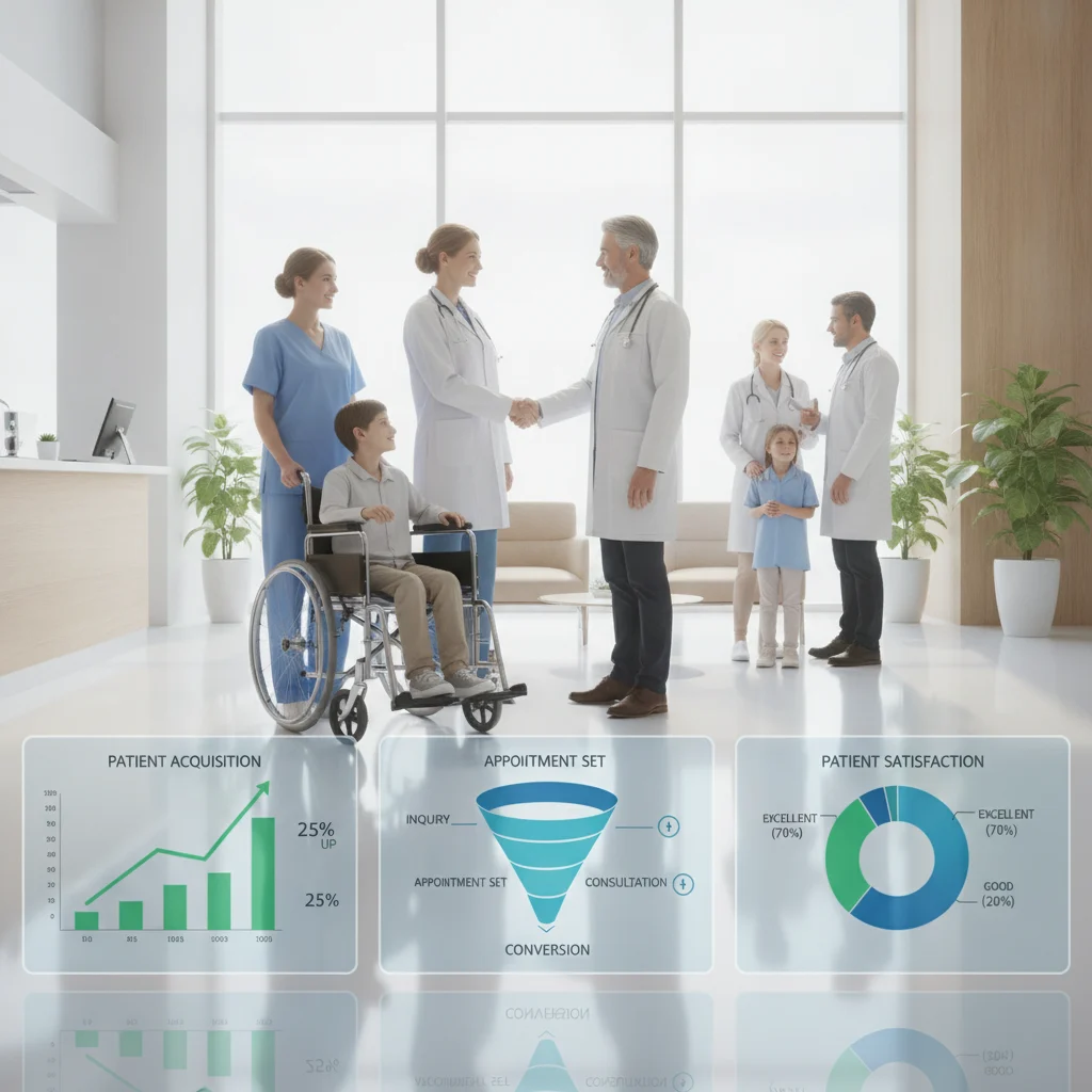 A professional, modern medical office setting with a diverse team of healthcare professionals (doctors, nurses) smiling and interacting with patients, while in the foreground, digital marketing dashboards display positive growth metrics and patient conversion funnels. Clean, bright aesthetic. NO text in image, NO competitors, NO low-lighting, NO cartoonish needles, NO emergency room chaos.