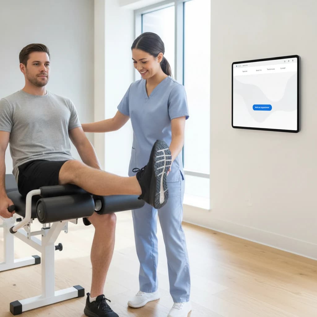 A physical therapist interacting with a patient in a modern, well-lit clinic. In the background, a digital tablet or monitor subtly displays a clean, professional website design with clear navigation and call-to-action buttons, symbolizing effective online presence. Focus on positive interaction and professional environment, no text in image.