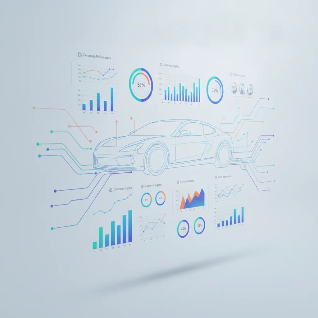 A dynamic, digital marketing dashboard displaying analytics and growth charts, with abstract representations of data flows and a subtle, clean car outline in the background. The scene should be modern, professional, and brightly lit, conveying efficiency and success in digital advertising. No text in image, no competitors, no low-lighting, no broken glass.