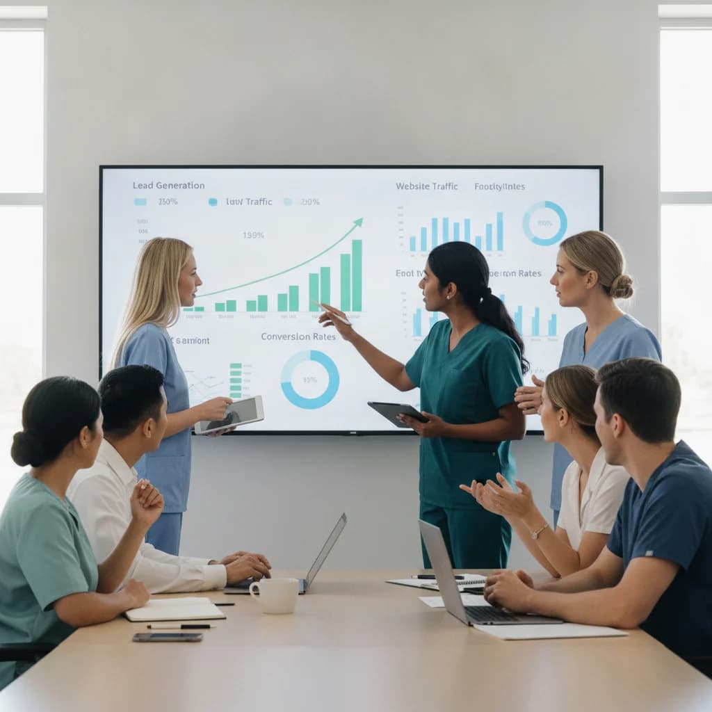 A diverse group of physical therapists and healthcare professionals collaborating on a digital marketing strategy, looking at data on a large screen. The setting is modern and professional, with clear visuals of charts and graphs. No text in the image. Bright, well-lit environment. Focus on collaboration and data analysis for lead generation.