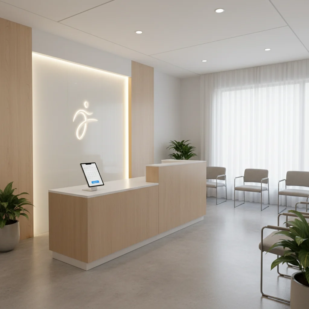 A modern, clean physical therapy clinic reception area with a digital tablet displaying an online appointment booking interface. The atmosphere is bright and welcoming, suggesting efficiency and patient-focused technology. No text on screen or in image, no competitors, bright lighting.