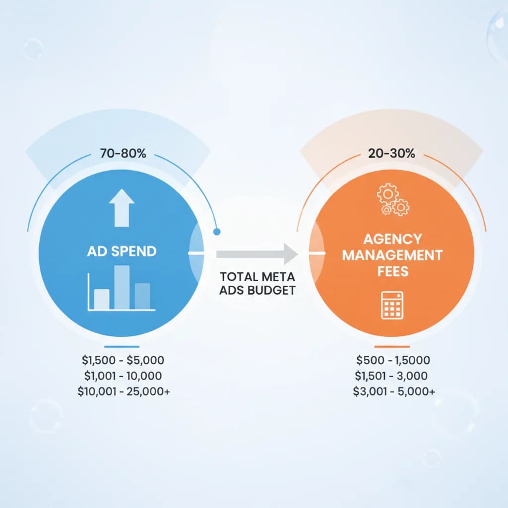 A dynamic infographic showing a breakdown of car wash Meta Ads budgets, with distinct sections for ad spend and agency management fees, presented with clean, modern graphics and numerical ranges. No text in image, no competitors, good lighting.