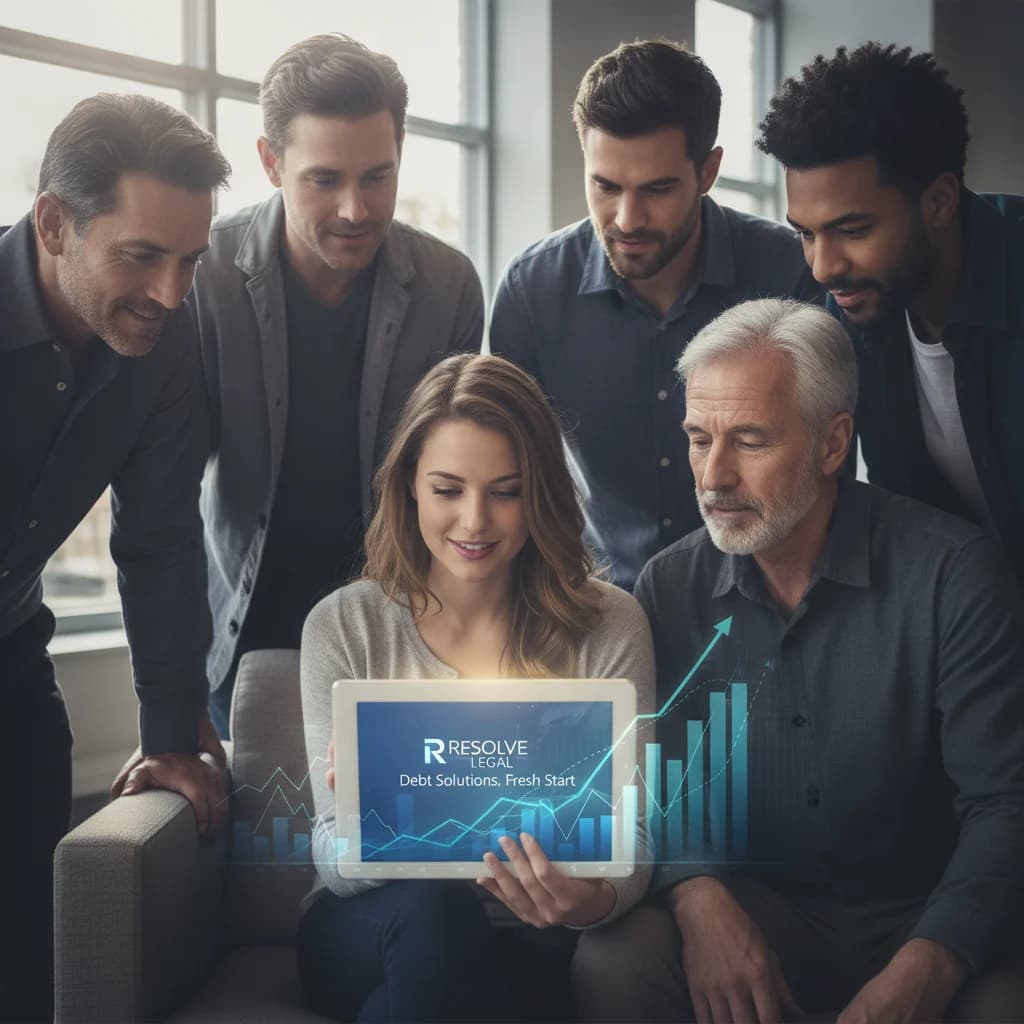 A diverse group of people looking at a tablet or phone screen showing a legal firm's Meta Ad, with a subtle overlay of financial graphs and charts. The image should convey hope and solutions for financial distress, with no text overlays, no competitors, and professional lighting.