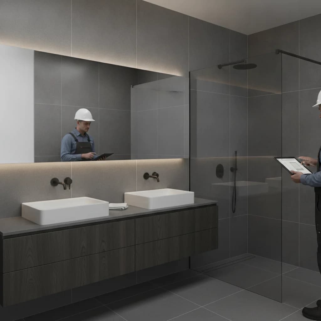 A modern, minimalist bathroom with sleek, dark grey tiles and a large, frameless mirror. A contractor is subtly visible in the background, reviewing plans on a tablet. The overall impression is one of sophistication and professional construction, no text, no competitors, no free-standing bathtubs.