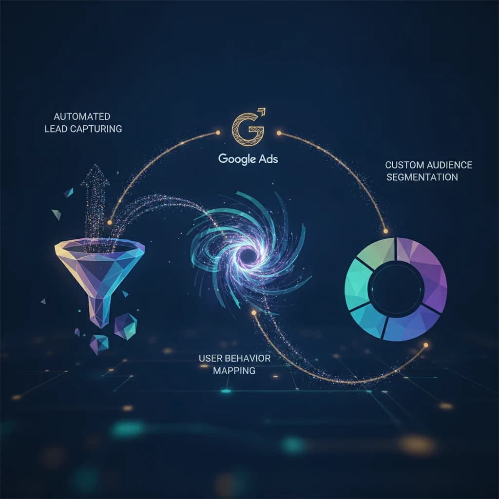 A detailed, modern infographic illustrating the interconnectedness of user behavior mapping, automated lead capturing, and custom audience segmentation for Google Ads, with clear visual flows and data points. No text in the image, abstract and professional.