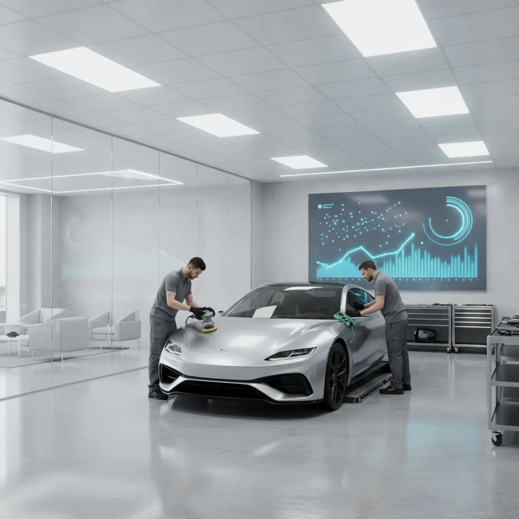A sleek, modern auto detailing workshop interior, with a high-end car being meticulously detailed. The scene should convey precision and professionalism, with digital marketing analytics overlays subtly integrated into the background (e.g., a blurred graph or data points), no text, no competitors, bright lighting.