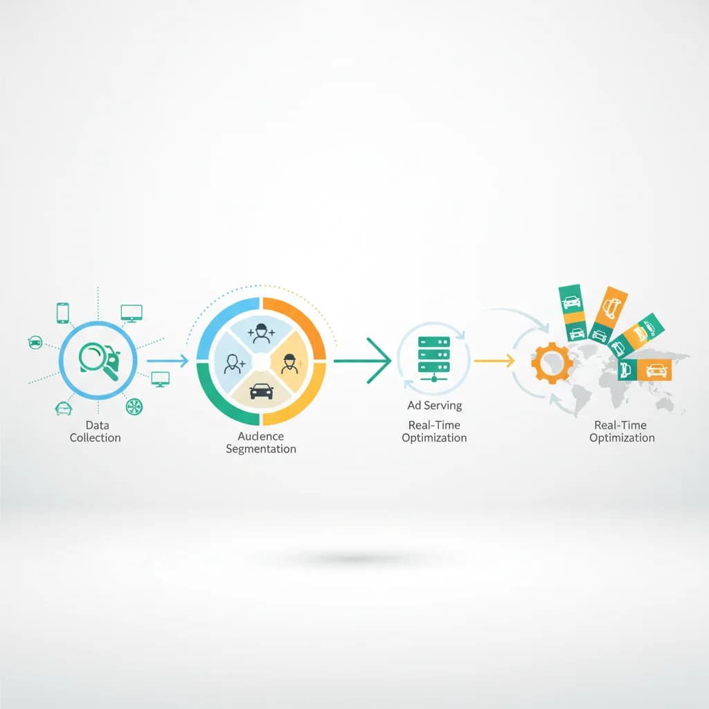 A vibrant, detailed infographic illustrating a programmatic advertising workflow for auto detailing, showing data collection, audience segmentation, ad serving, and real-time optimization. The style should be modern, clean, and professional, with bright, inviting colors. No text in the image, no competitors, bright lighting.