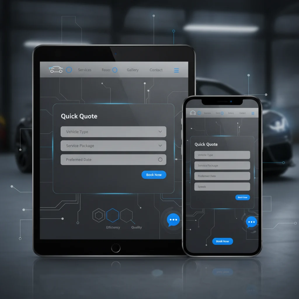 A sleek, modern auto detailing website interface with various interactive elements like dynamic forms, live chat bubbles, and booking buttons, overlaid with subtle data visualization lines showing user flow. The design is clean, professional, and mobile-responsive, with no text or competitors visible.