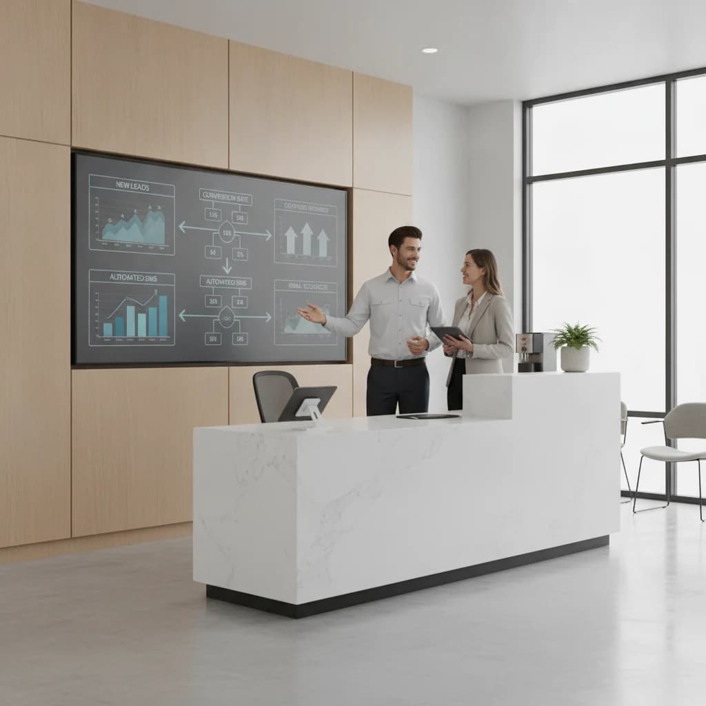 A modern, clean auto repair shop office with a digital dashboard displaying lead generation metrics and automated communication flows. A smiling, professional technician is interacting with a customer at a counter. Bright, well-lit environment, no text in image, no competitors, no dirty environments.