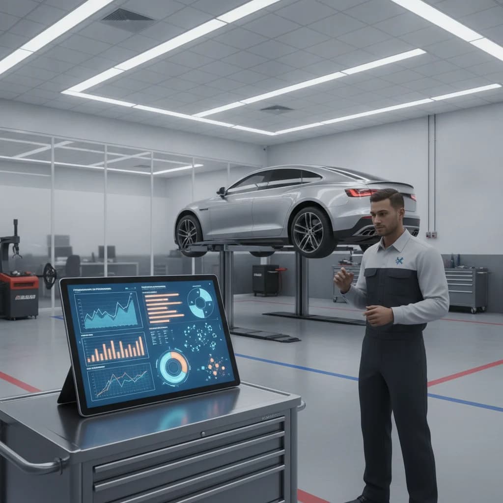 A modern, clean auto repair service bay with a car on a lift, illuminated by bright, professional lighting. In the foreground, a digital tablet displays a dashboard with graphs and data points representing programmatic ad performance and audience segmentation. NO text in image, NO competitors, NO low-lighting, NO dirty environments.
