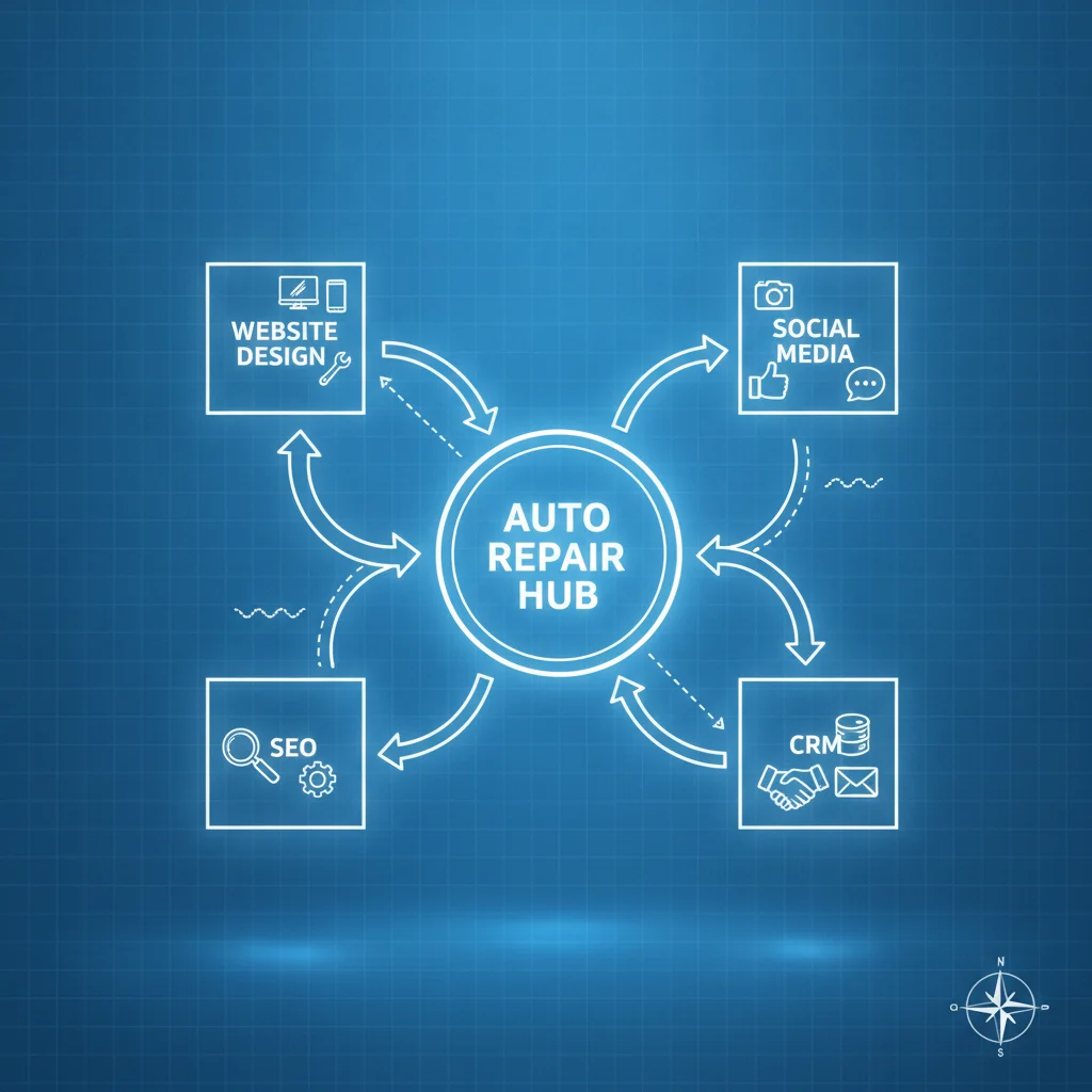 A detailed blueprint showing interconnected digital marketing strategies for an auto repair shop, with lines flowing between website design, SEO, social media, and CRM. The design is clean, professional, and modern, illustrating a strategic operational playbook. No text in image, no competitors, no low-lighting, no dirty environments.