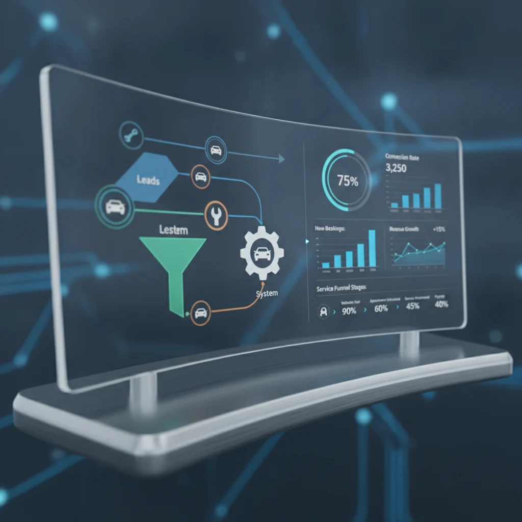 A modern, sleek dashboard showing various data points and conversion funnels, with icons representing leads flowing into a system. The background is subtle, indicating digital automation for an auto service business, no broken glass, professional, no text.