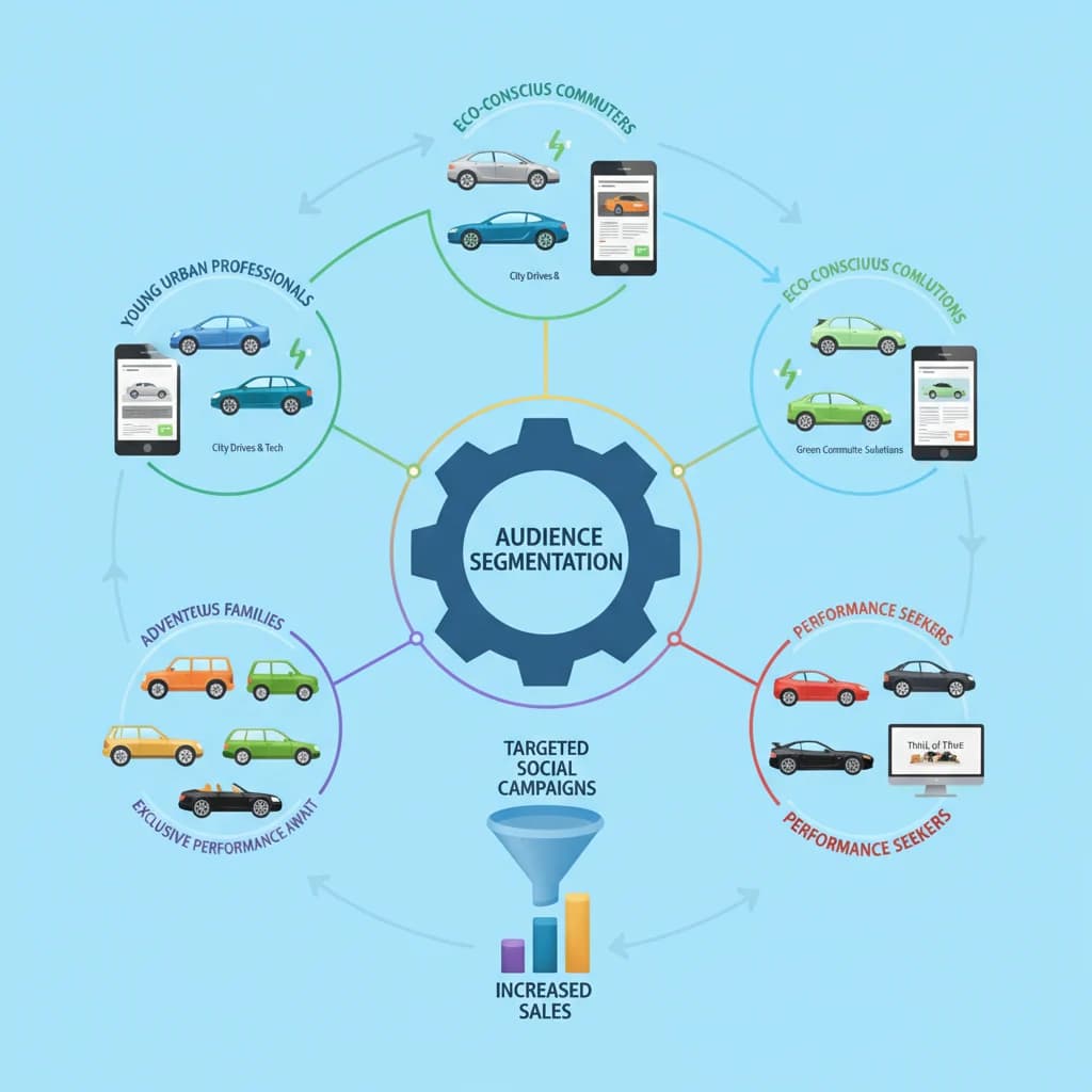 A detailed, vibrant infographic illustrating the process of custom audience segmentation for automotive marketing, showing different demographic and psychographic groups represented by car icons, with lines connecting them to specific social media ad campaigns. No text in image, no competitors, no low-lighting, no car crashes.