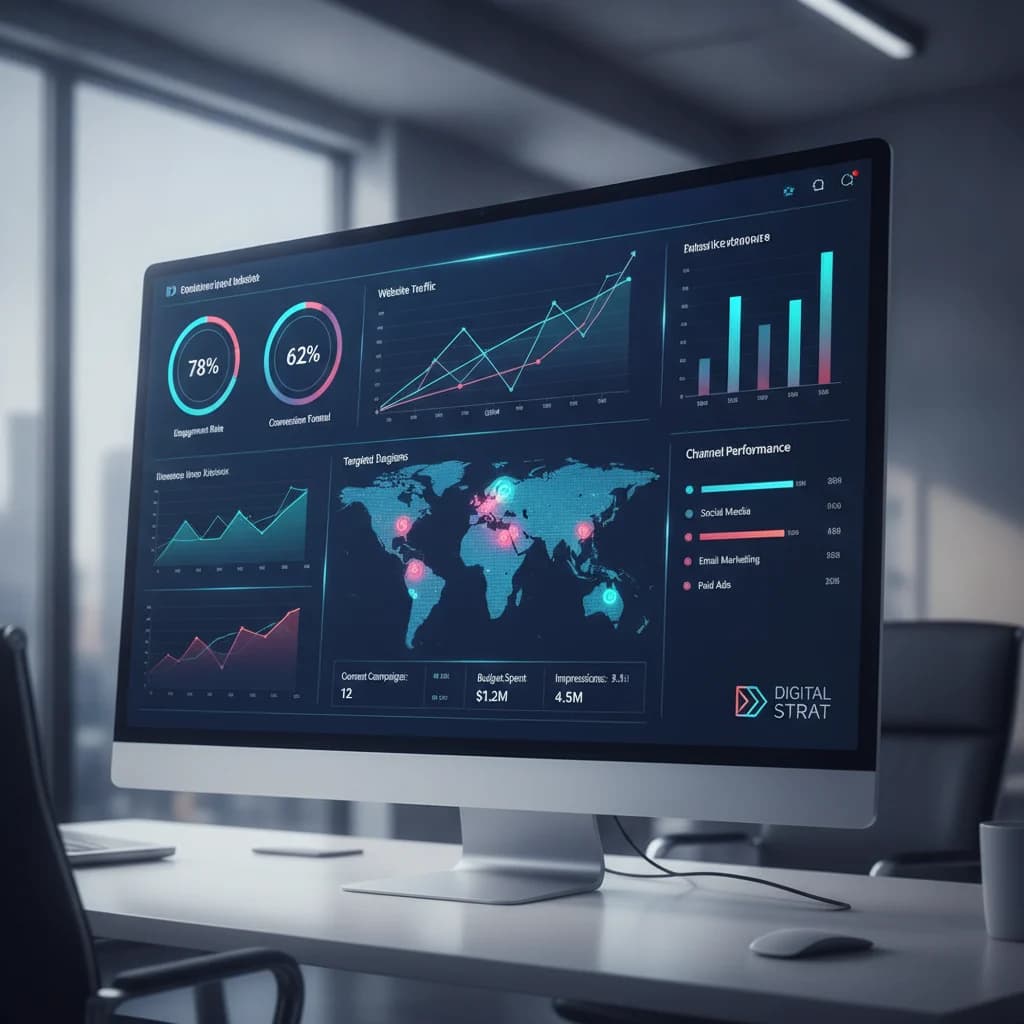 A professional digital marketing dashboard displaying various analytics graphs, data points, and a map with targeted locations. The screen is vibrant with a clean, modern design. No text overlays, no identifiable competitors, and bright, clear lighting. The focus is on data visualization and strategic planning.