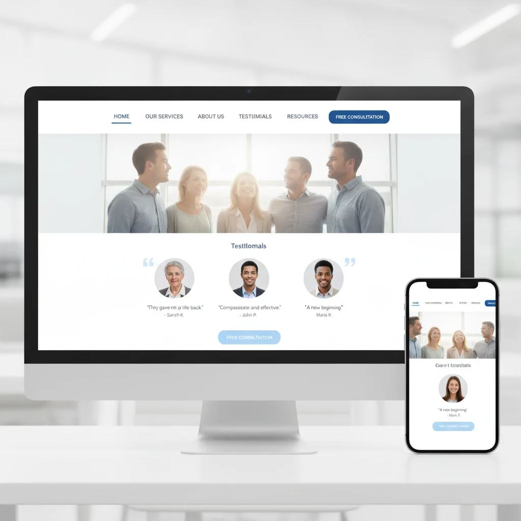 A professional, modern website interface for a bankruptcy law firm, showcasing a clear navigation menu, a prominent "Free Consultation" call-to-action button, empathetic imagery, and a section with testimonials. The design is clean, user-friendly, and responsive, without any text overlays or low-lighting.