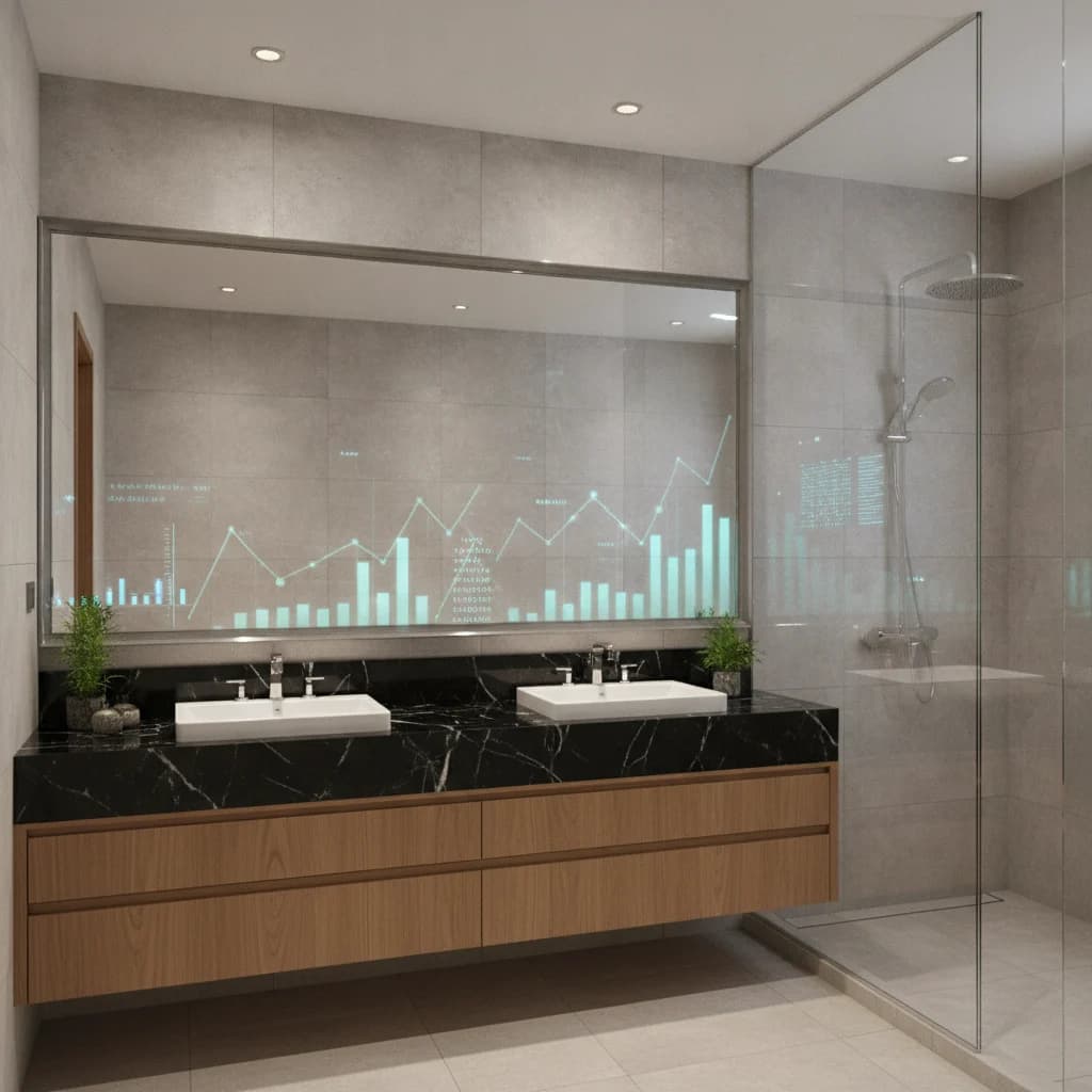 A modern, elegant bathroom with a sleek vanity and large mirror, showcasing high-quality finishes and contemporary design. Subtle digital marketing analytics charts are overlaid on a translucent screen in the background, representing advanced social media ad targeting. NO text in image, NO competitors, NO free standing bathtubs.