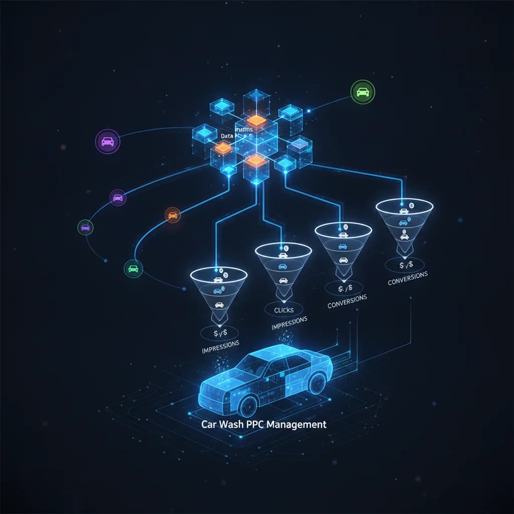 A dynamic infographic showing interconnected data points, user avatars, and conversion funnels, representing advanced car wash PPC management. The style is modern, clean, and digital, with no text.