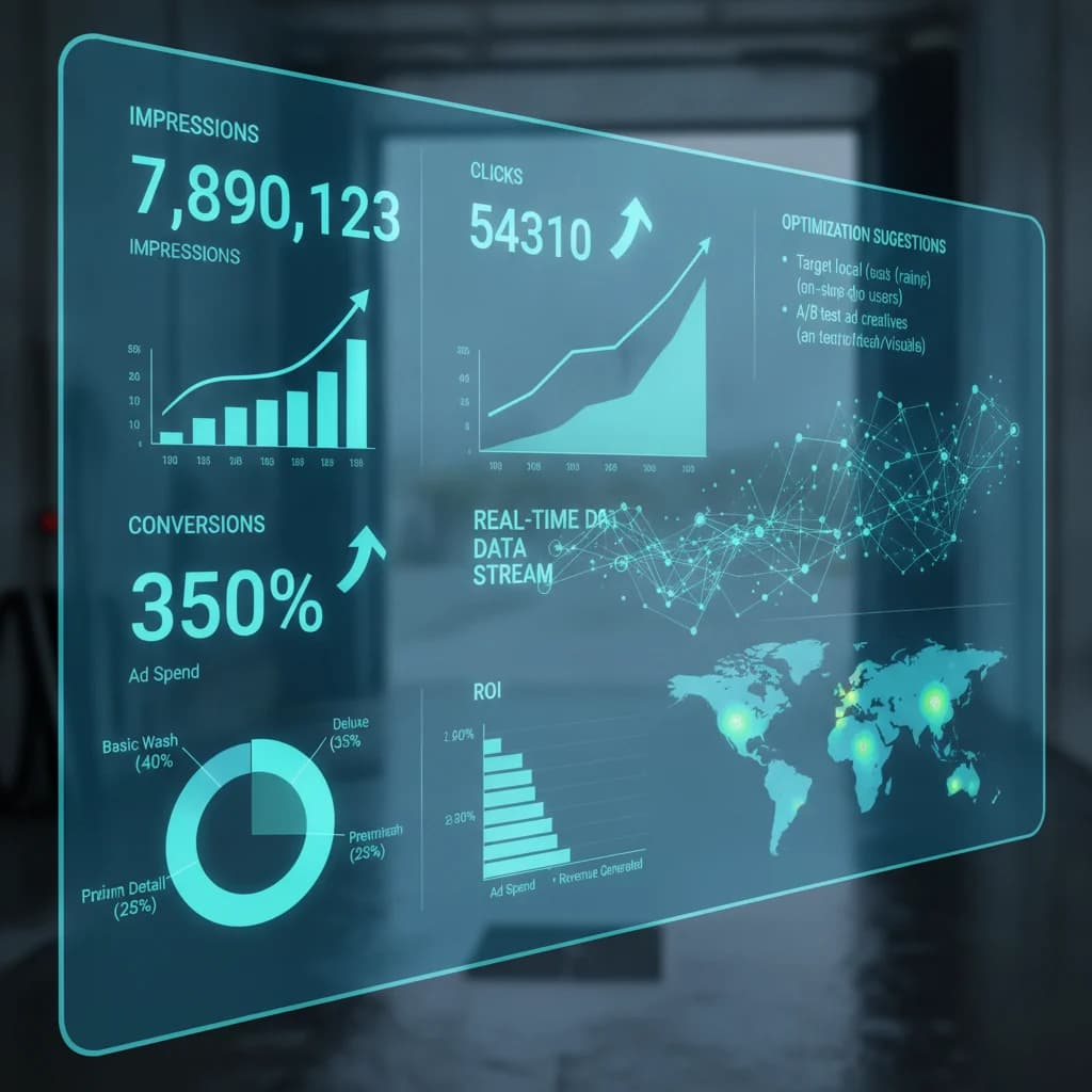 A detailed digital dashboard displaying various programmatic ad metrics like impressions, clicks, conversions, and ROI, with charts and graphs, specifically tailored for a car wash business. The dashboard should show real-time data flow and optimization suggestions, no text in the image.