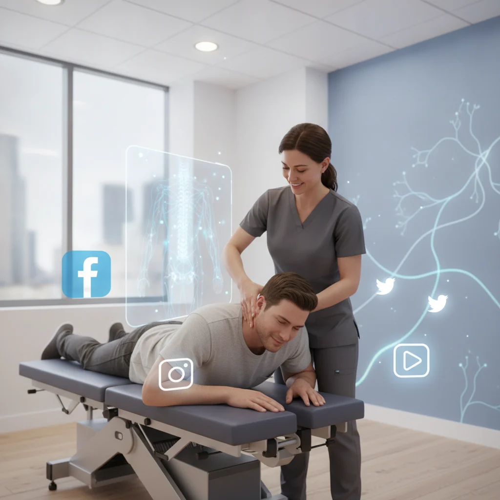 A professional chiropractor interacting with a patient in a modern, clean clinic setting, surrounded by subtle, abstract digital marketing elements like glowing lines and social media icons. Focus on patient trust and modern technology. Bright, no text.