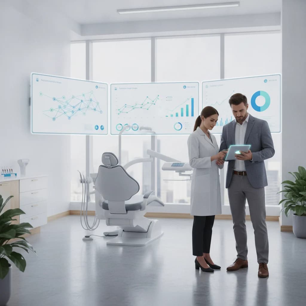 A modern, clean dental office with digital screens displaying analytics and patient journey maps. A dentist and a marketing specialist are collaboratively reviewing data on a tablet. The image should convey precision, growth, and advanced technology. No text in the image, no scary instruments, no low-lighting, no competitors.