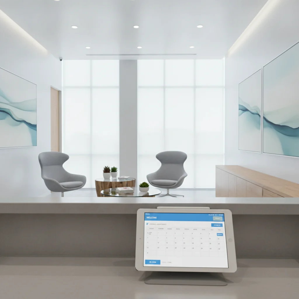 A modern, clean dental office reception area with a digital tablet displaying a patient scheduling interface, emphasizing technology and patient comfort, no scary instruments, bright lighting, professional setting.