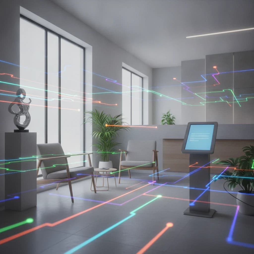 A vibrant, abstract digital network overlaying a subtle, clean image of a modern dental office reception area. The network shows data points and connections flowing, representing programmatic advertising. No text, no competitors, no low-lighting, no scary instruments, friendly and inviting atmosphere.