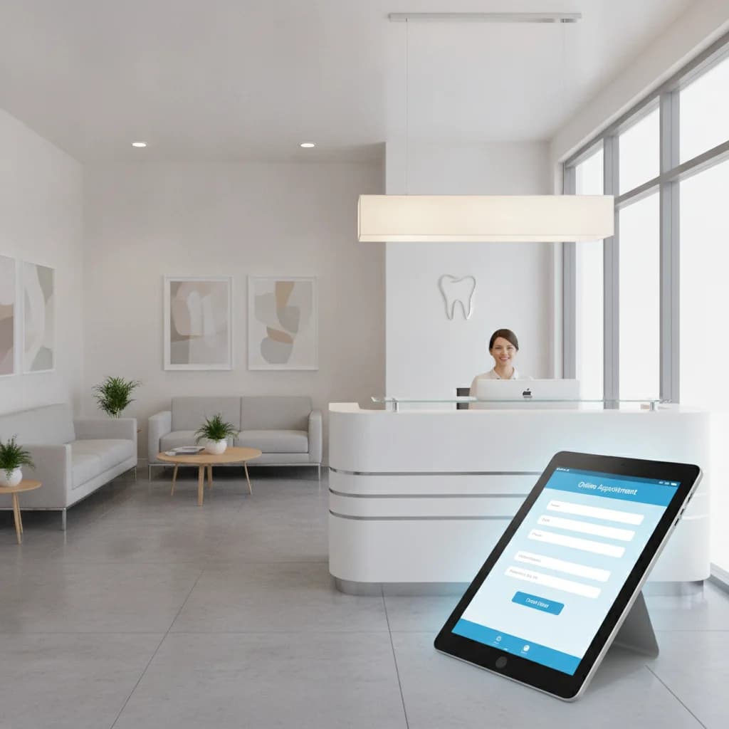 A modern, clean dental office reception area with a digital tablet displaying an online appointment form, bathed in warm, professional lighting. No scary instruments, no text, no competitors, no low-lighting.
