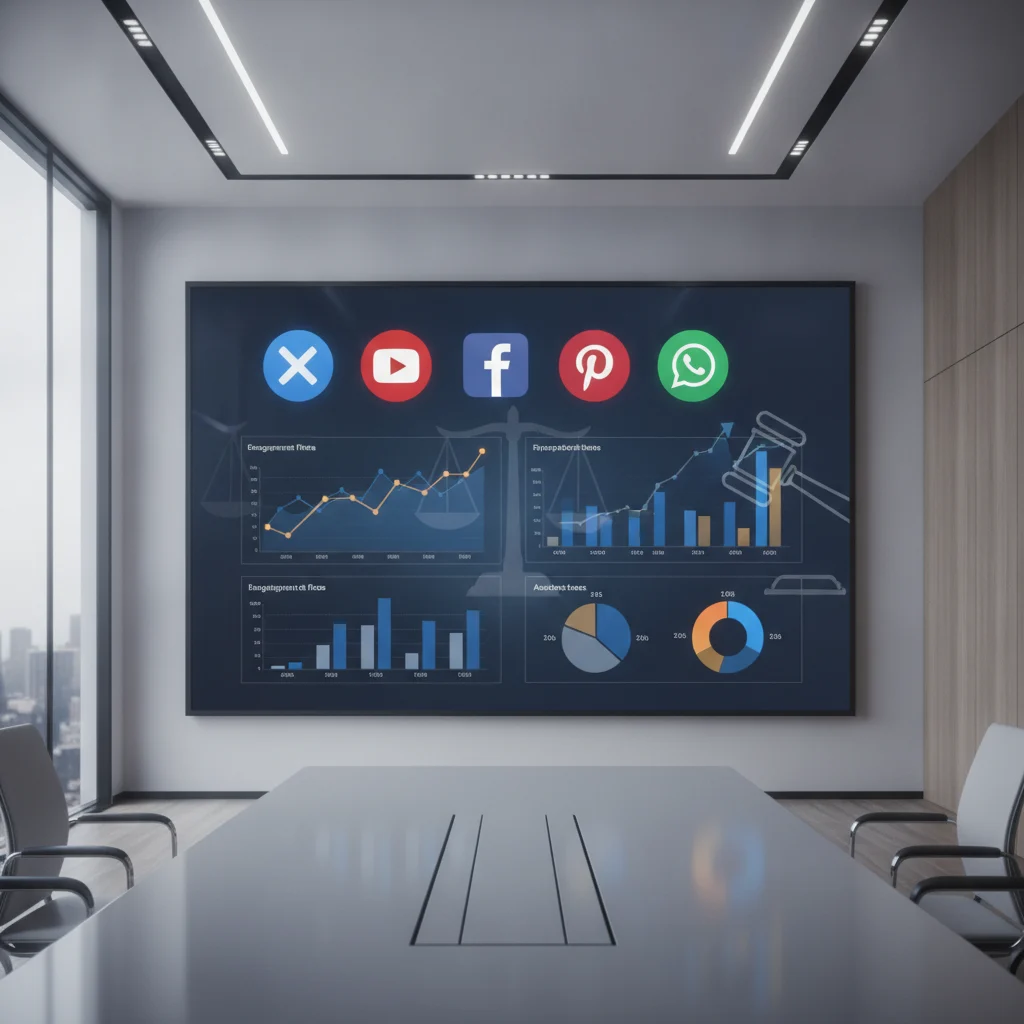 A sophisticated, professional image depicting a modern digital dashboard with various social media icons and analytical charts, overlaid with subtle legal scales or a gavel outline. The focus is on data, strategy, and digital dominance for a law firm, with no text overlays and clear, bright lighting.