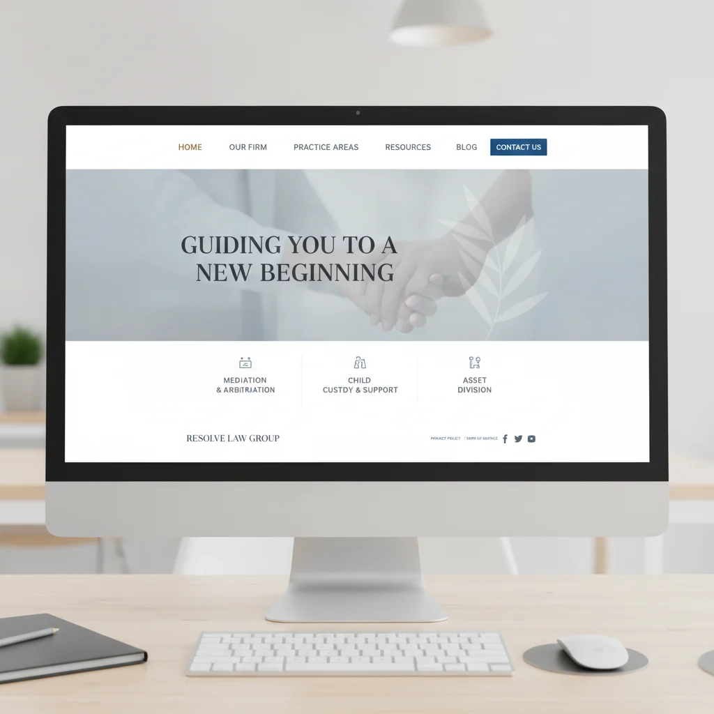 A professional, modern website interface for a divorce law firm, featuring clear navigation, a prominent 'contact us' button, and a compassionate yet authoritative design. The image should convey trust and efficiency, with no text overlays or low lighting.